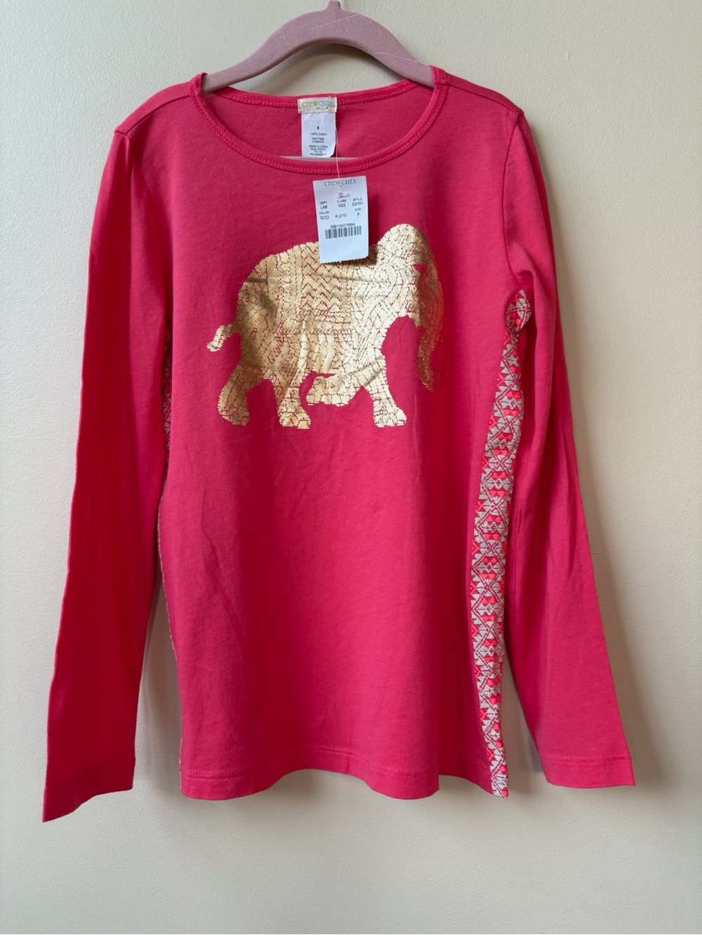 NWT - Crewcuts - Hot Pink Long Sleeve Tee with Gold Elephant - Size 8